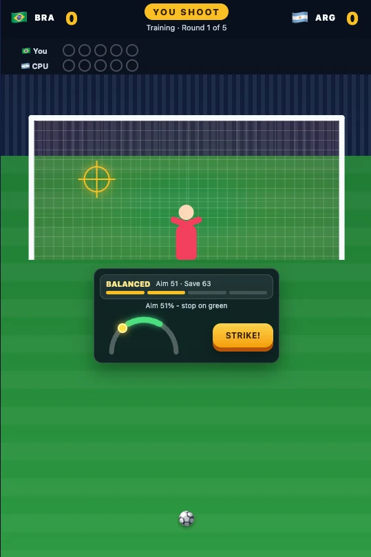 Penalty Game shootout screen with aim target and timing-based power bar