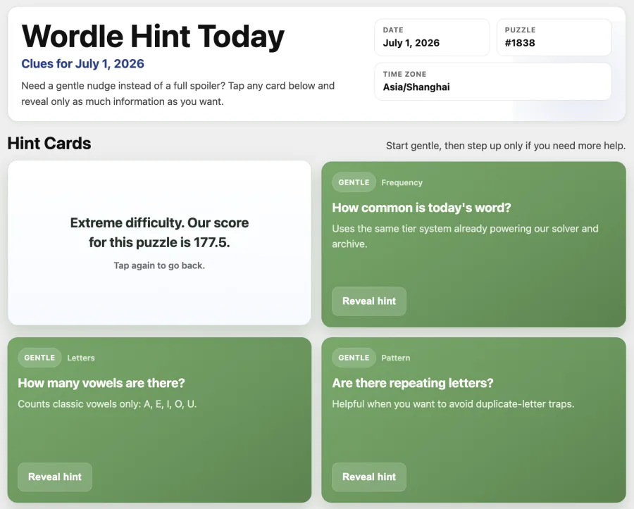 Wordle Hint Today interactive clue cards on WordleSolver.pro